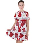 Christmas Texture, Pattern, Red, Craciun, Christmas, Bow, Gift Short Sleeve Shoulder Cut Out Dress 