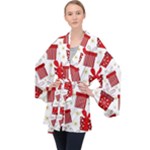 Christmas Texture, Pattern, Red, Craciun, Christmas, Bow, Gift Long Sleeve Velvet Kimono 