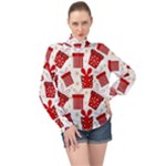 Christmas Texture, Pattern, Red, Craciun, Christmas, Bow, Gift High Neck Long Sleeve Chiffon Top