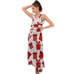 Christmas Texture, Pattern, Red, Craciun, Christmas, Bow, Gift V-Neck Chiffon Maxi Dress