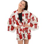 Christmas Texture, Pattern, Red, Craciun, Christmas, Bow, Gift Long Sleeve Kimono