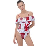 Christmas Texture, Pattern, Red, Craciun, Christmas, Bow, Gift Frill Detail One Piece Swimsuit