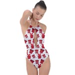 Christmas Texture, Pattern, Red, Craciun, Christmas, Bow, Gift Plunge Cut Halter Swimsuit