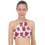 Christmas Texture, Pattern, Red, Craciun, Christmas, Bow, Gift Halter Bikini Top