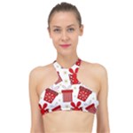 Christmas Texture, Pattern, Red, Craciun, Christmas, Bow, Gift High Neck Bikini Top