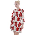 Christmas Texture, Pattern, Red, Craciun, Christmas, Bow, Gift Open Neck Shift Dress