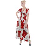 Christmas Texture, Pattern, Red, Craciun, Christmas, Bow, Gift Button Up Short Sleeve Maxi Dress