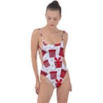 Christmas Texture, Pattern, Red, Craciun, Christmas, Bow, Gift Tie Strap One Piece Swimsuit