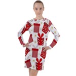 Christmas Texture, Pattern, Red, Craciun, Christmas, Bow, Gift Long Sleeve Hoodie Dress