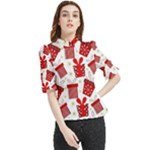 Christmas Texture, Pattern, Red, Craciun, Christmas, Bow, Gift Frill Neck Blouse