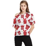 Christmas Texture, Pattern, Red, Craciun, Christmas, Bow, Gift One Shoulder Cut Out T-Shirt