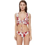 Christmas Texture, Pattern, Red, Craciun, Christmas, Bow, Gift Low Cut Ruffle Edge Bikini Set