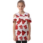 Christmas Texture, Pattern, Red, Craciun, Christmas, Bow, Gift Fold Over Open Sleeve Top