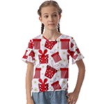 Christmas Texture, Pattern, Red, Craciun, Christmas, Bow, Gift Kids  Cuff Sleeve Scrunch Bottom T-Shirt