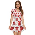 Christmas Texture, Pattern, Red, Craciun, Christmas, Bow, Gift V-Neck High Waist Chiffon Mini Dress