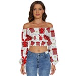 Christmas Texture, Pattern, Red, Craciun, Christmas, Bow, Gift Long Sleeve Crinkled Weave Crop Top