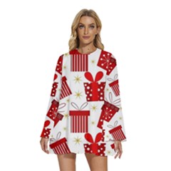 Round Neck Long Sleeve Bohemian Style Chiffon Mini Dress 