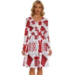 Christmas Texture, Pattern, Red, Craciun, Christmas, Bow, Gift Long Sleeve Dress With Pocket