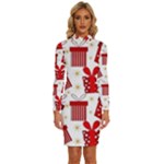 Christmas Texture, Pattern, Red, Craciun, Christmas, Bow, Gift Long Sleeve Shirt Collar Bodycon Dress