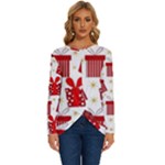 Christmas Texture, Pattern, Red, Craciun, Christmas, Bow, Gift Long Sleeve Crew Neck Pullover Top