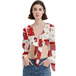 Christmas Texture, Pattern, Red, Craciun, Christmas, Bow, Gift Trumpet Sleeve Cropped Top