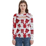 Christmas Texture, Pattern, Red, Craciun, Christmas, Bow, Gift Women s Cut Out Long Sleeve T-Shirt