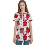 Christmas Texture, Pattern, Red, Craciun, Christmas, Bow, Gift Women s Zip Front V-Neck Short Sleeve Casual Top Pocket Shirt