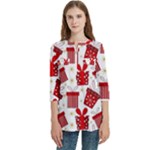 Christmas Texture, Pattern, Red, Craciun, Christmas, Bow, Gift Women s Zip Front V-Neck 3/4 Sleeve Casual Top Pocket Shirt