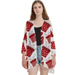 Christmas Texture, Pattern, Red, Craciun, Christmas, Bow, Gift Open Front 3/4 Sleeve Batwing Chiffon Cardigan Kimono