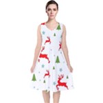 Christmas Texture, Pattern, Red, Craciun, Christmas, Snowflake, V-Neck Midi Sleeveless Dress 