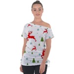 Christmas Texture, Pattern, Red, Craciun, Christmas, Snowflake, Off Shoulder Tie-Up T-Shirt