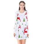 Christmas Texture, Pattern, Red, Craciun, Christmas, Snowflake, Long Sleeve V-neck Flare Dress