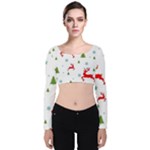 Christmas Texture, Pattern, Red, Craciun, Christmas, Snowflake, Velvet Long Sleeve Crop Top