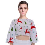 Christmas Texture, Pattern, Red, Craciun, Christmas, Snowflake, Tie Back Butterfly Sleeve Chiffon Top