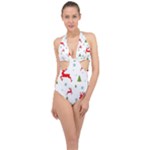 Christmas Texture, Pattern, Red, Craciun, Christmas, Snowflake, Halter Front Plunge Swimsuit