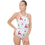 Christmas Texture, Pattern, Red, Craciun, Christmas, Snowflake, High Neck One Piece Swimsuit