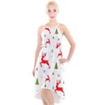 Christmas Texture, Pattern, Red, Craciun, Christmas, Snowflake, High-Low Halter Chiffon Dress 