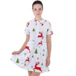 Christmas Texture, Pattern, Red, Craciun, Christmas, Snowflake, Short Sleeve Shoulder Cut Out Dress 