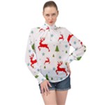 Christmas Texture, Pattern, Red, Craciun, Christmas, Snowflake, High Neck Long Sleeve Chiffon Top