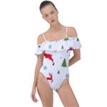 Christmas Texture, Pattern, Red, Craciun, Christmas, Snowflake, Frill Detail One Piece Swimsuit