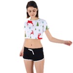 Christmas Texture, Pattern, Red, Craciun, Christmas, Snowflake, Tie Back Short Sleeve Crop T-Shirt