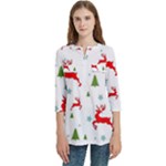 Christmas Texture, Pattern, Red, Craciun, Christmas, Snowflake, Women s Zip Front V-Neck 3/4 Sleeve Casual Top Pocket Shirt