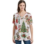 Christmas Texture, Pattern, Red, Tree, Craciun, Green, Christmas V-Neck Split Shoulder Casual T-Shirt