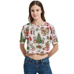 Christmas Texture, Pattern, Red, Tree, Craciun, Green, Christmas Women s Round Neck Short Sleeve Crop Top