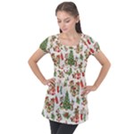 Christmas Texture, Pattern, Red, Tree, Craciun, Green, Christmas Puff Sleeve Tunic Top