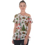 Christmas Texture, Pattern, Red, Tree, Craciun, Green, Christmas Off Shoulder Tie-Up T-Shirt