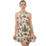 Christmas Texture, Pattern, Red, Tree, Craciun, Green, Christmas Halter Tie Back Chiffon Dress