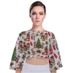 Christmas Texture, Pattern, Red, Tree, Craciun, Green, Christmas Tie Back Butterfly Sleeve Chiffon Top