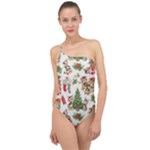 Christmas Texture, Pattern, Red, Tree, Craciun, Green, Christmas Classic One Shoulder Swimsuit