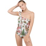 Christmas Texture, Pattern, Red, Tree, Craciun, Green, Christmas Frilly One Shoulder Swimsuit